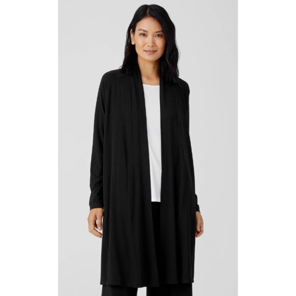 Eileen Fisher Jersey Tencel Linen Knit Long Cardigan Sweater Jacket Black L $198